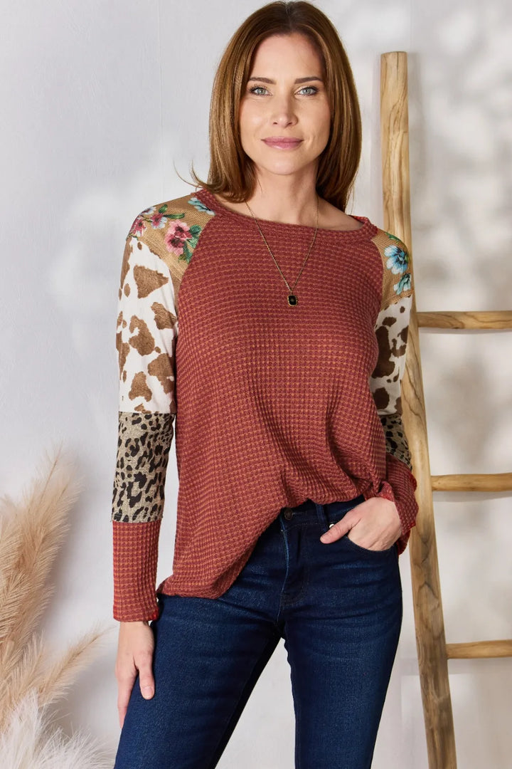 Waffle-knit top with leopard and floral print sleeves