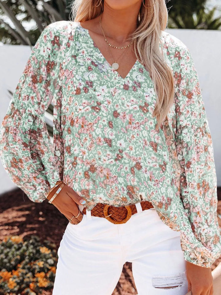 Green Floral print V-neck button-front blouse with long sleeves