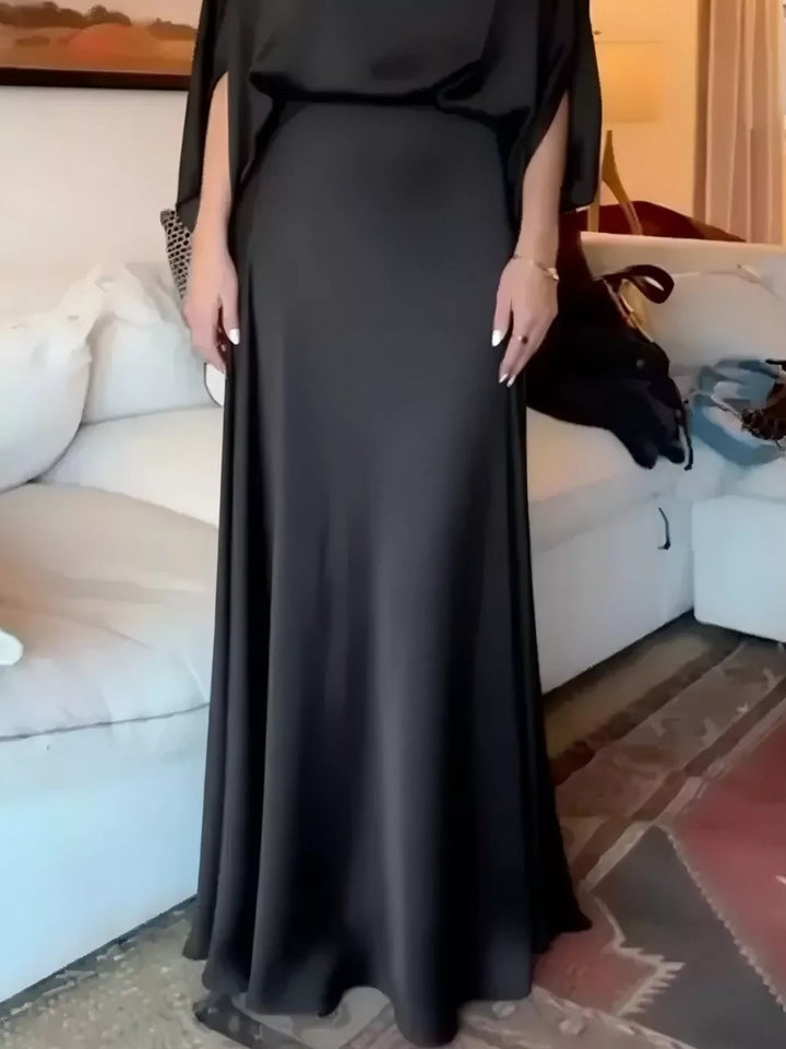 Satin batwing sleeve maxi dress with ruched bodice