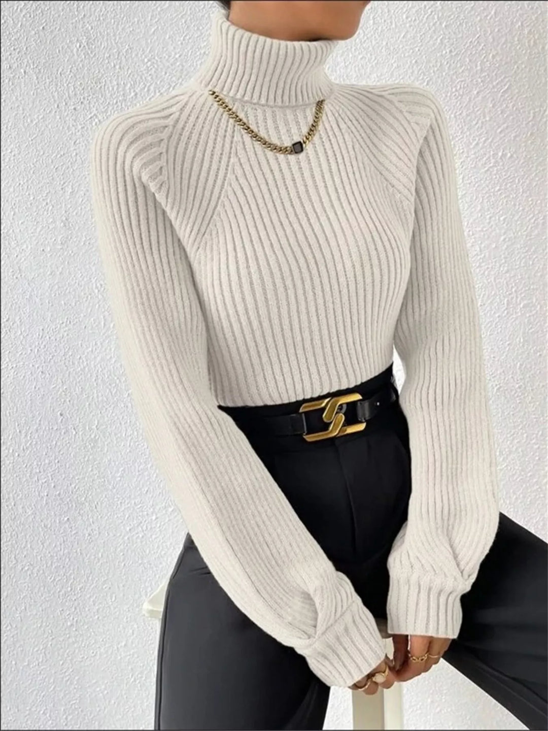 Ribbed knit turtleneck sweater with fitted long sleeves