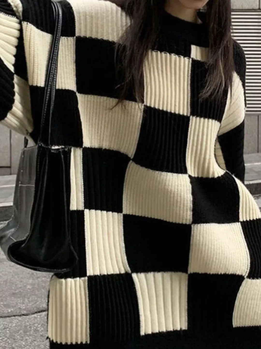 Checkerboard oversized ribbed knit sweater