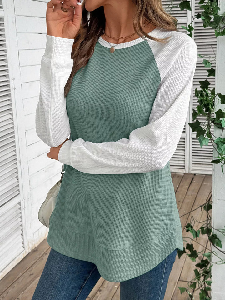 Contrast raglan waffle knit long sleeve top