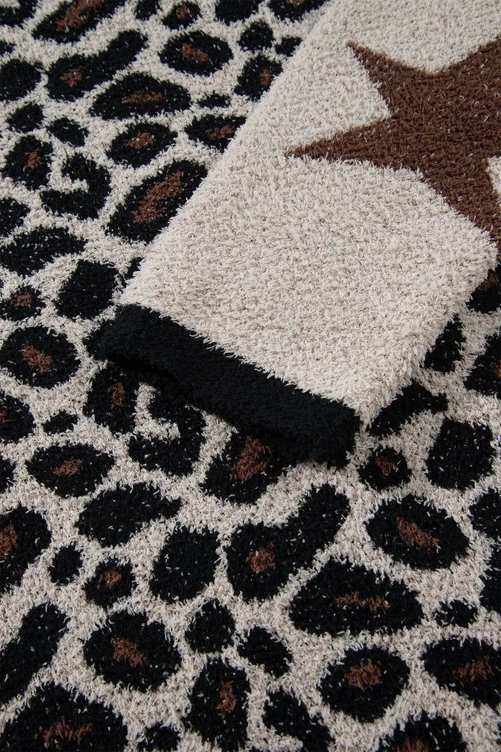 Leopard and star colorblock fuzzy knit pullover sweater