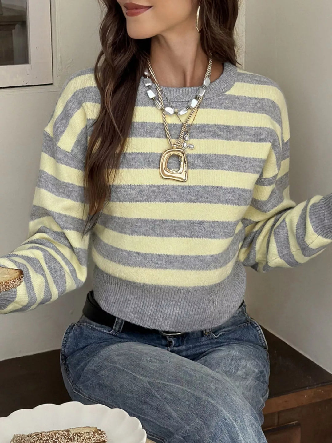 Yellow And Gray Stripes Striped cropped sweater with ribbed hem and drop shoulders