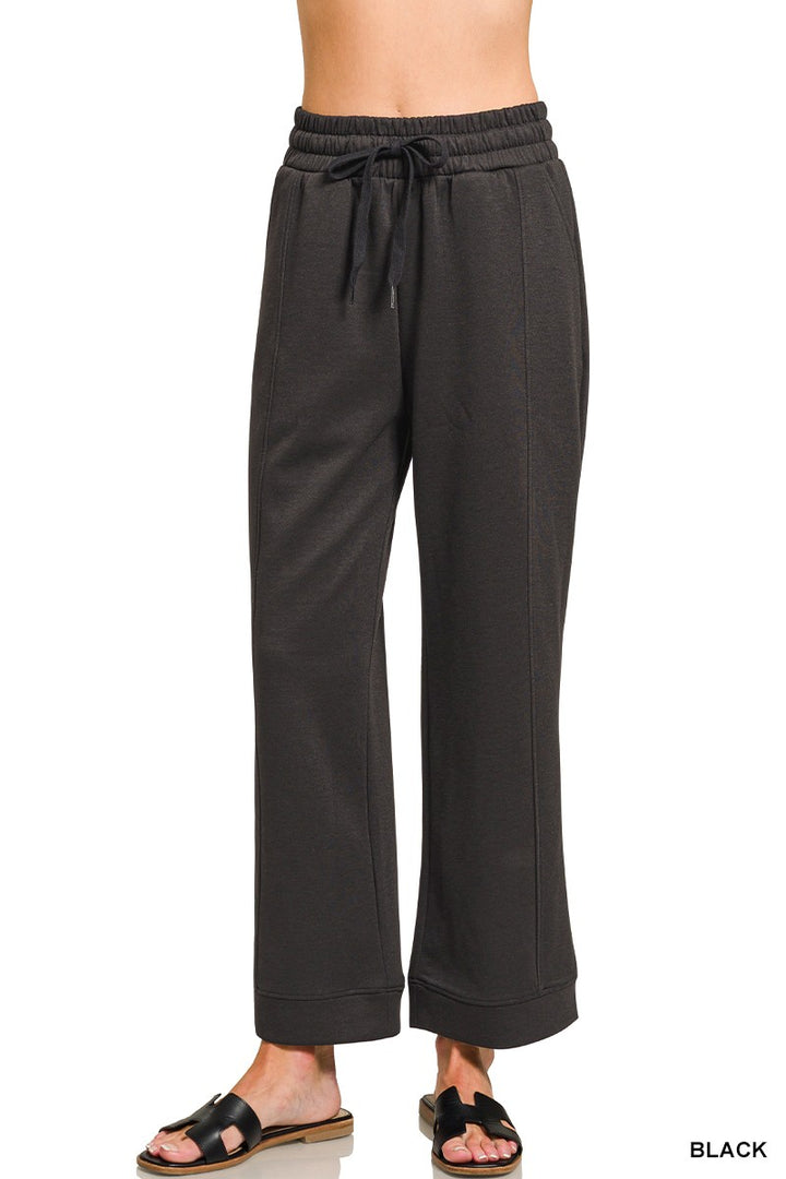 BLACK Wide-leg drawstring scuba pants with pin tuck seams