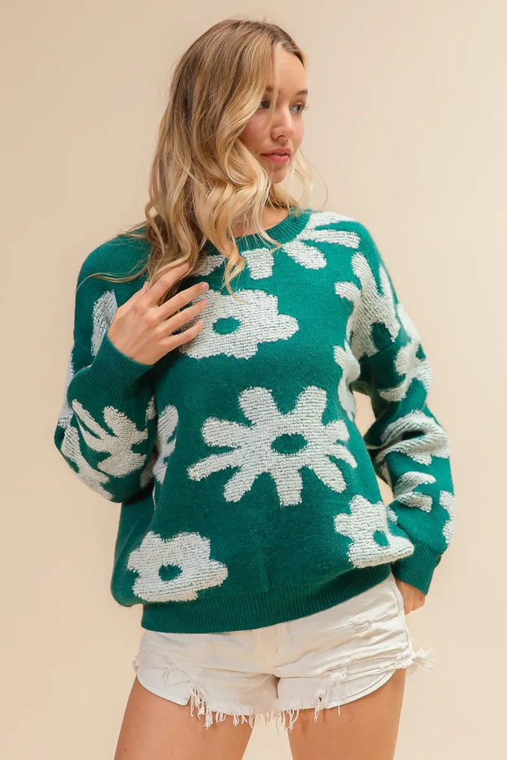 Floral pattern crew neck pullover sweater with long sleeves