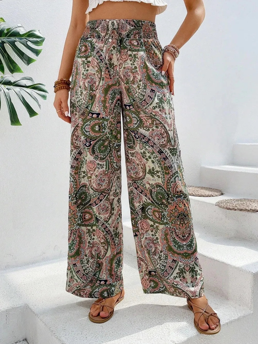 Multicolor Paisley print wide-leg pants with drawstring waist