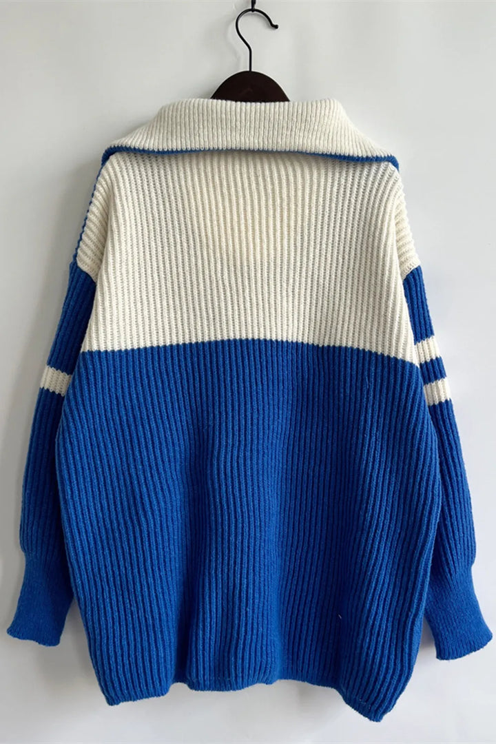 Quarter-zip ribbed knit sweater with striped sleeves