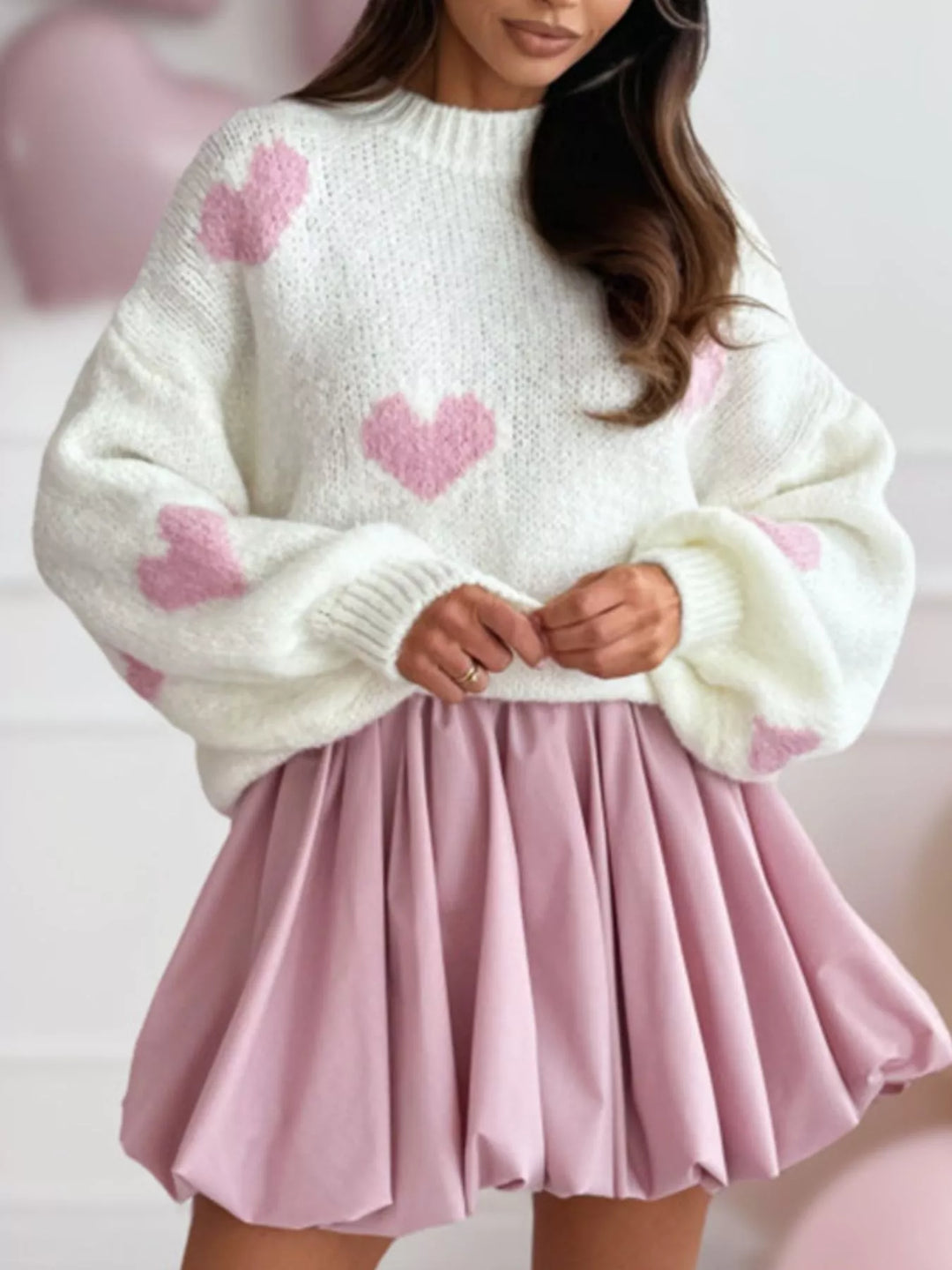 White Heart pattern round neck knit sweater with balloon sleeves