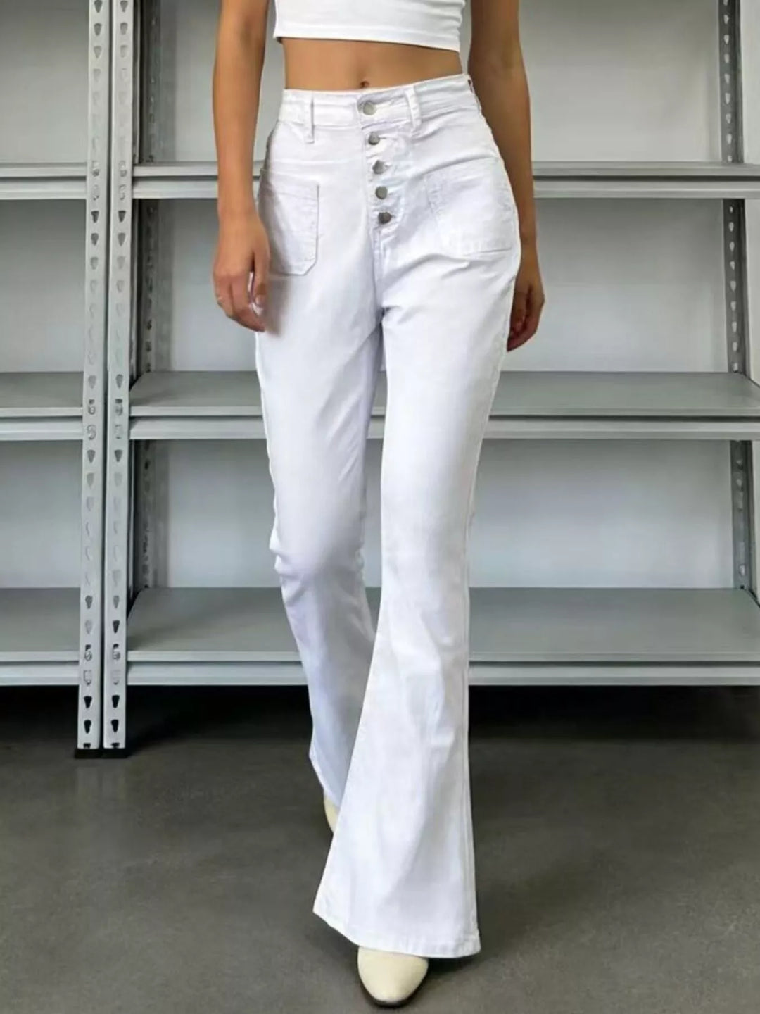 Gray/white High-waisted button-fly flare jeans with patch pockets