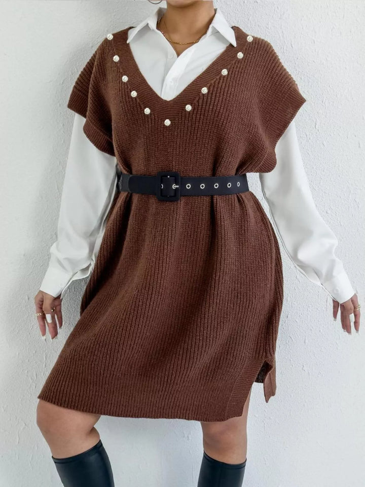 Pearl-trim V-neck ribbed sweater dress with side slits