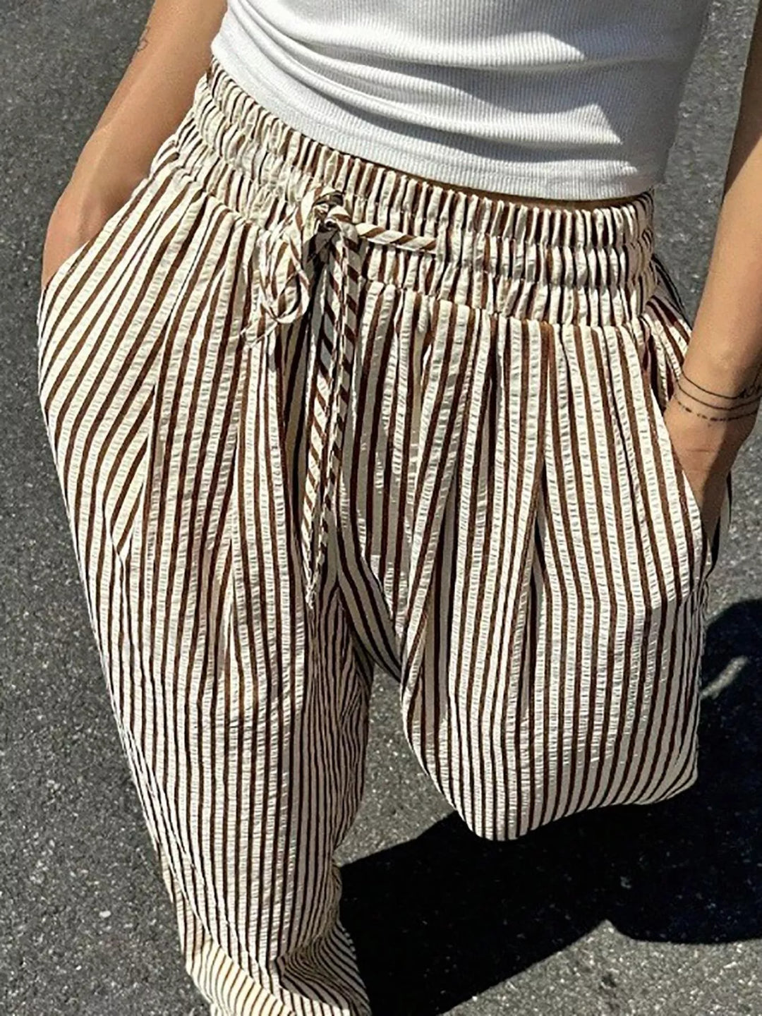 Striped wide-leg drawstring pants with side pockets