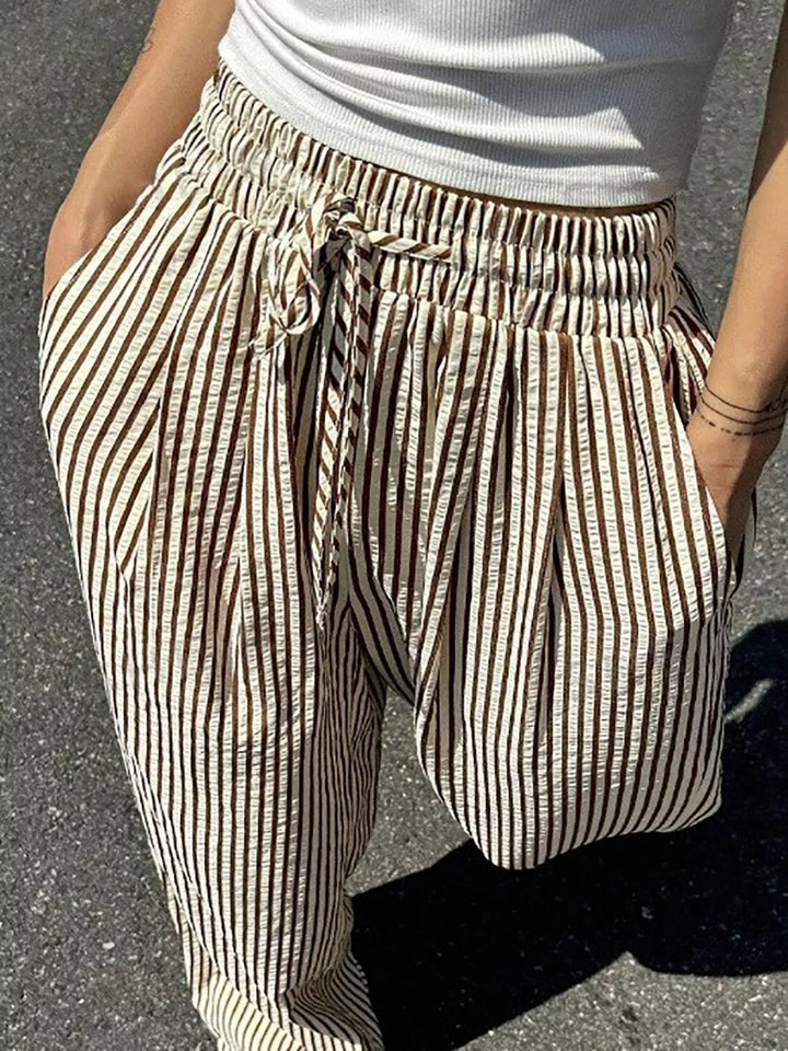 Striped wide-leg drawstring pants with side pockets