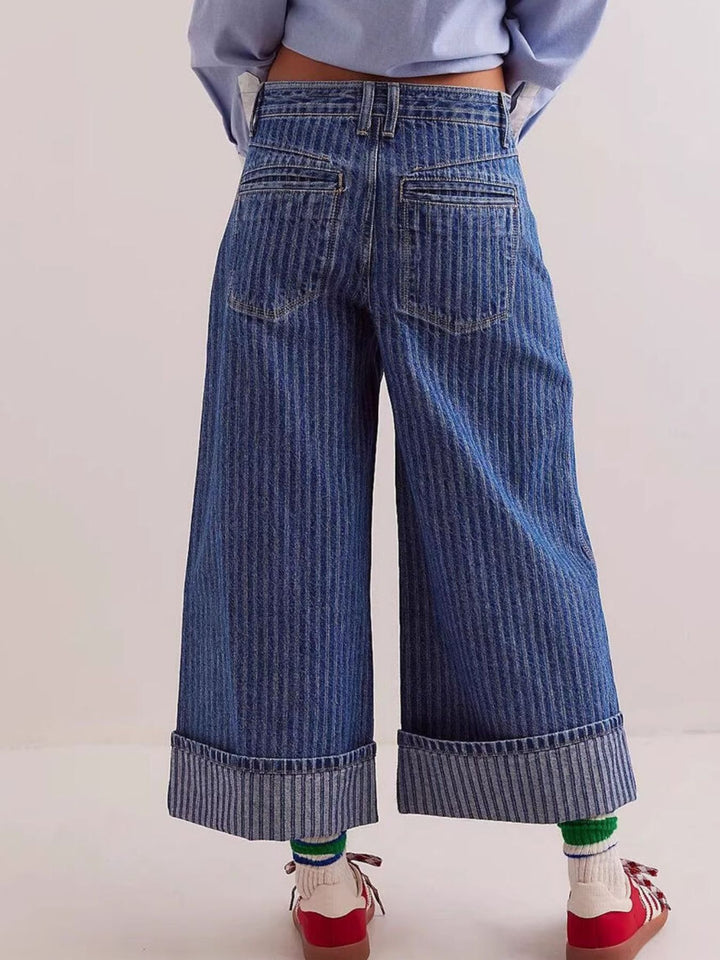 Wide-leg cropped jeans with deep cuffed hem and center seam