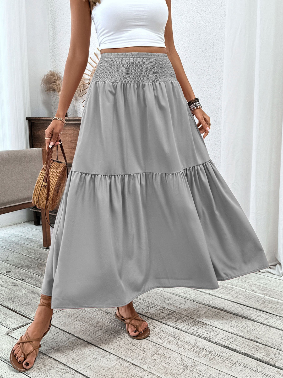 Smocked high-waist tiered ruffle maxi skirt