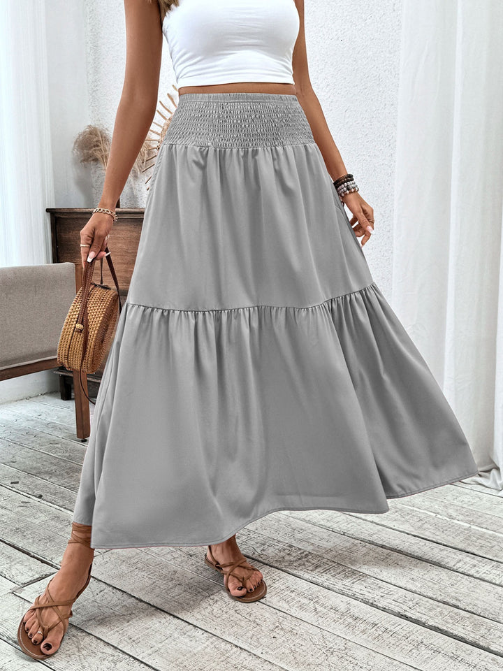 Smocked high-waist tiered ruffle maxi skirt