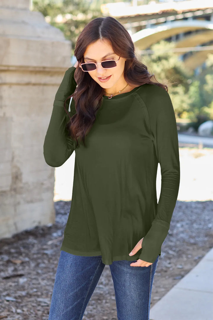 Army Green Relaxed raglan long sleeve round neck tee
