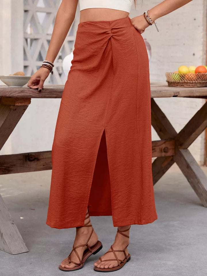 Orange-Red Front-slit midi skirt with twist waist detail