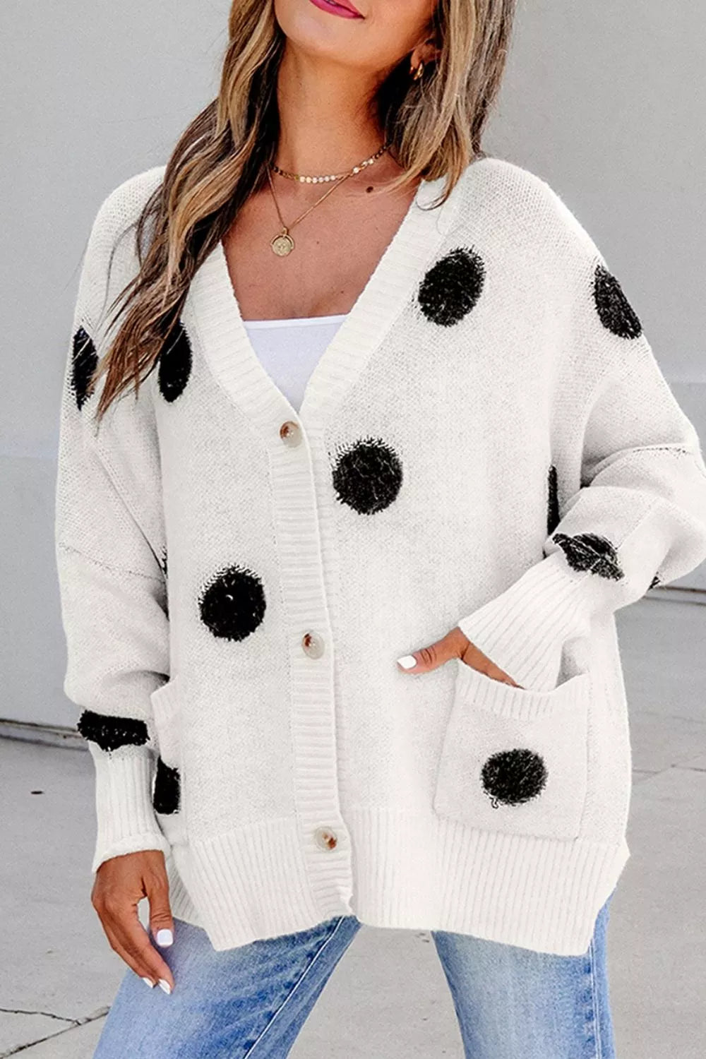 White Fuzzy polka dot button-up knit cardigan with pockets