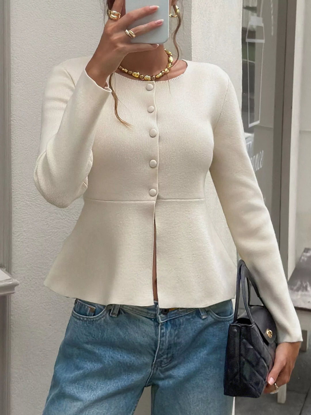 Peplum knit button-up cardigan with scoop neck