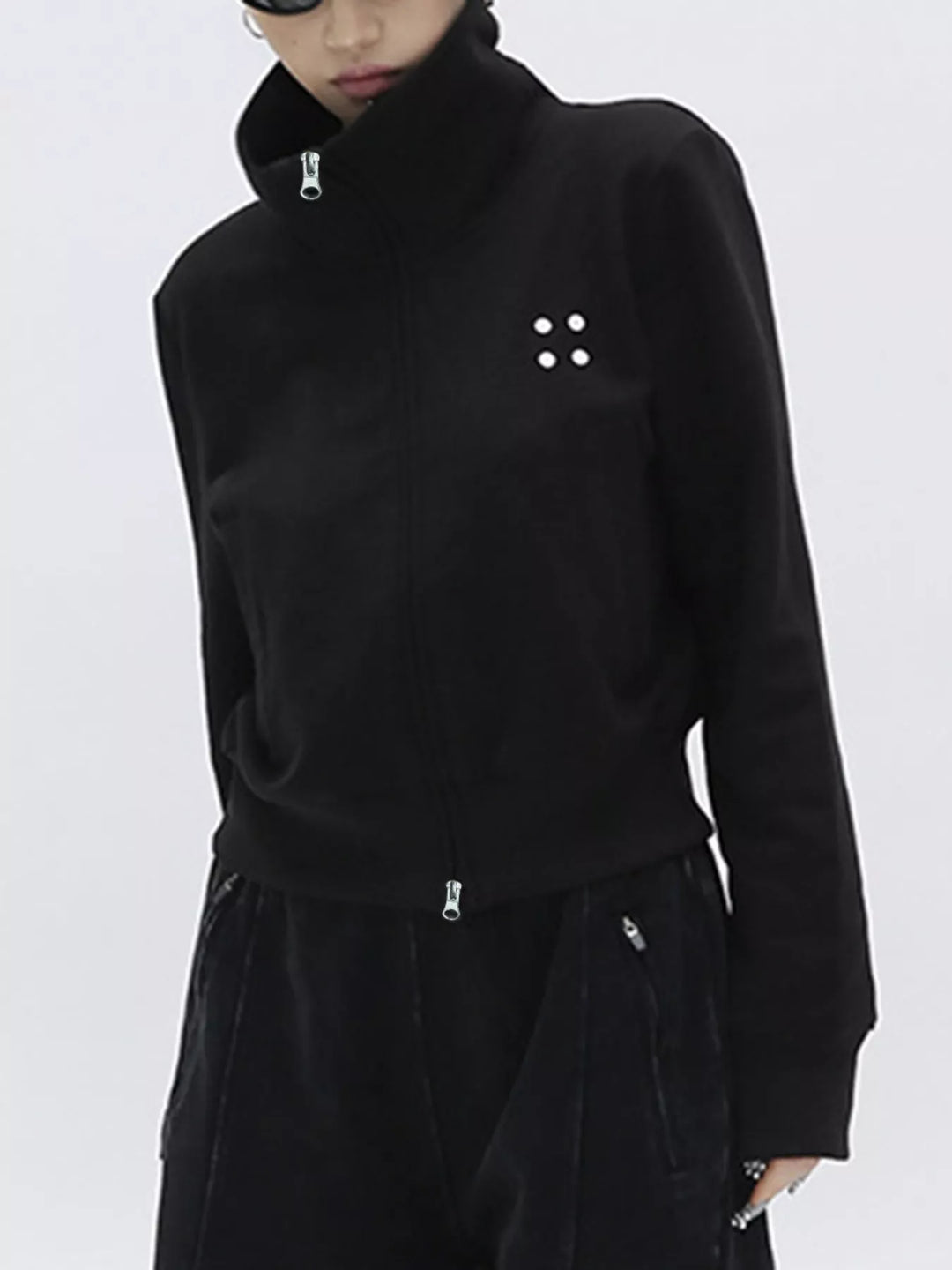 Black Cropped stand-collar zip-up jacket with two-way zipper