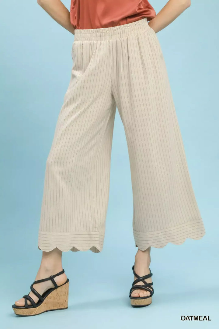 OATMEAL Pinstripe wide-leg linen pants with scalloped hem