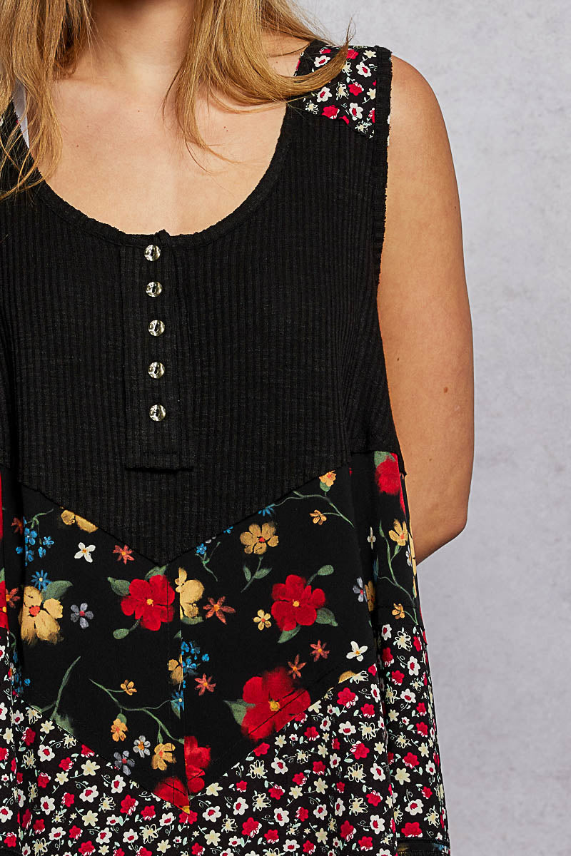 Ribbed swing tank with mixed floral print and button placket