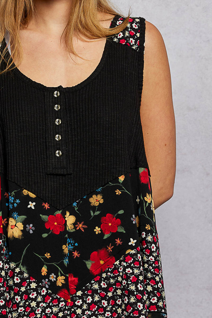 Ribbed swing tank with mixed floral print and button placket