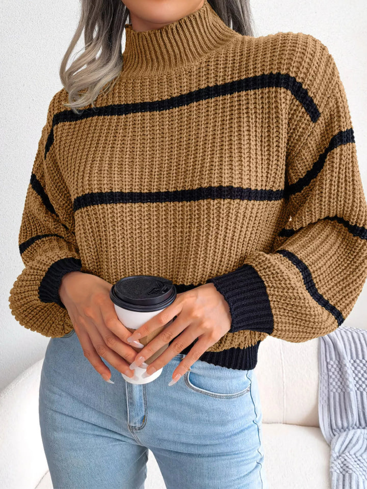 Striped mock neck chunky ribbed knit sweater