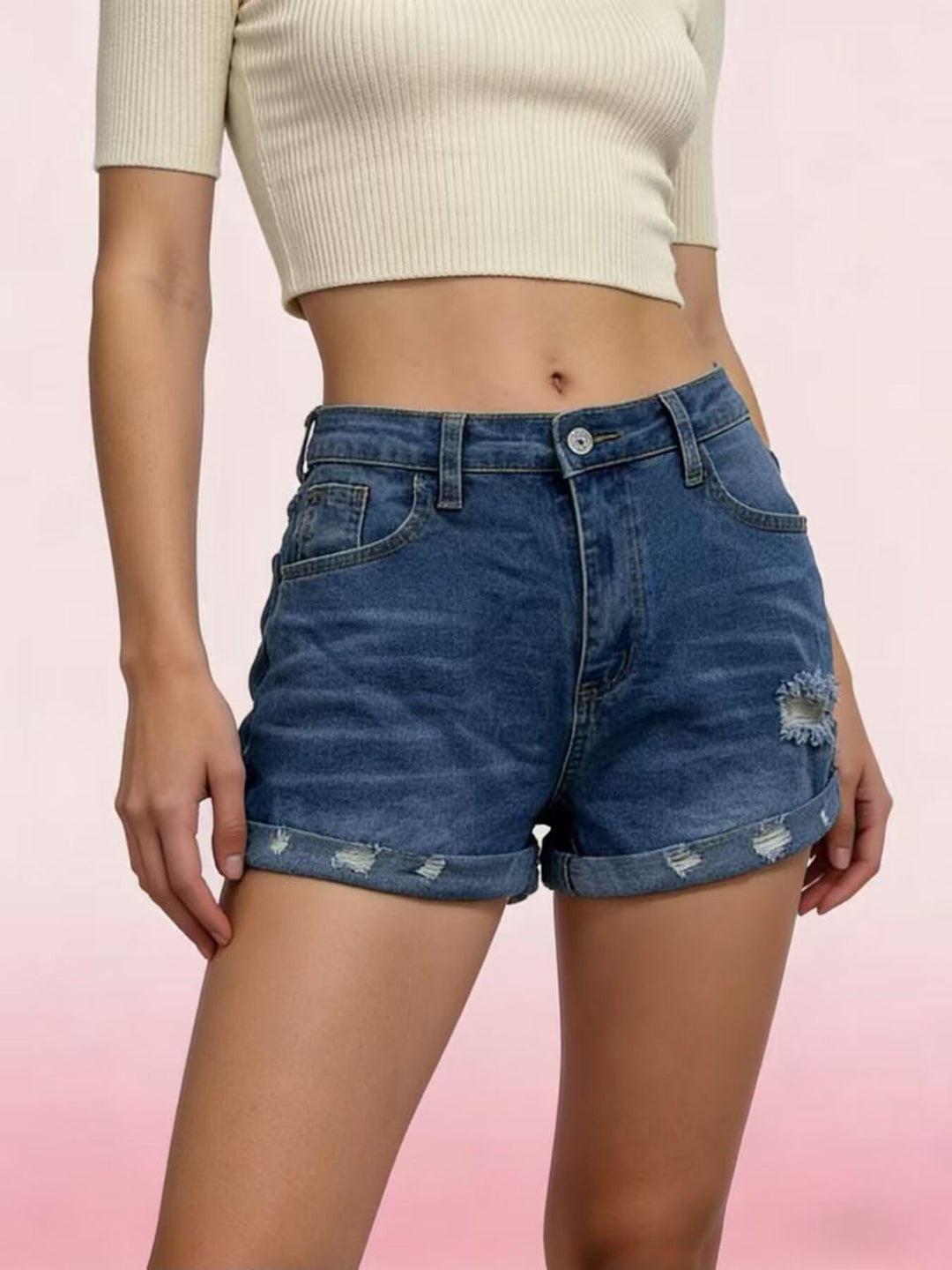 Light Blue Distressed roll-up denim shorts with cuffed hem