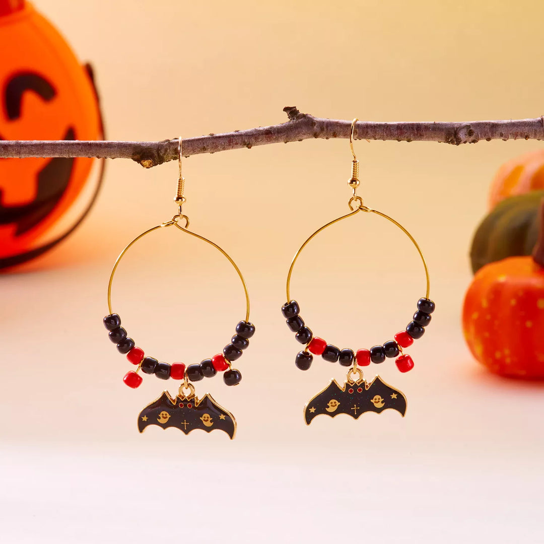 Beaded bat charm drop hoop earrings with ghost detail