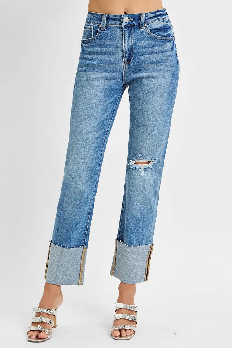 Distressed high-rise straight-leg jeans with wide cuff