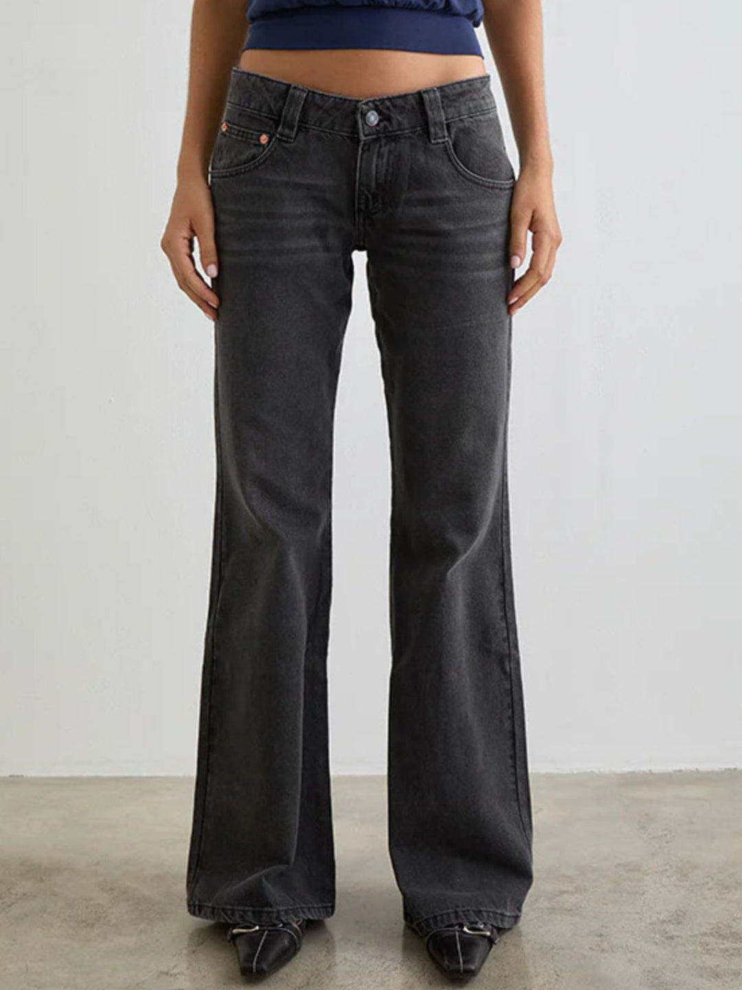 Low-rise washed denim flare leg jeans with 5-pocket styling