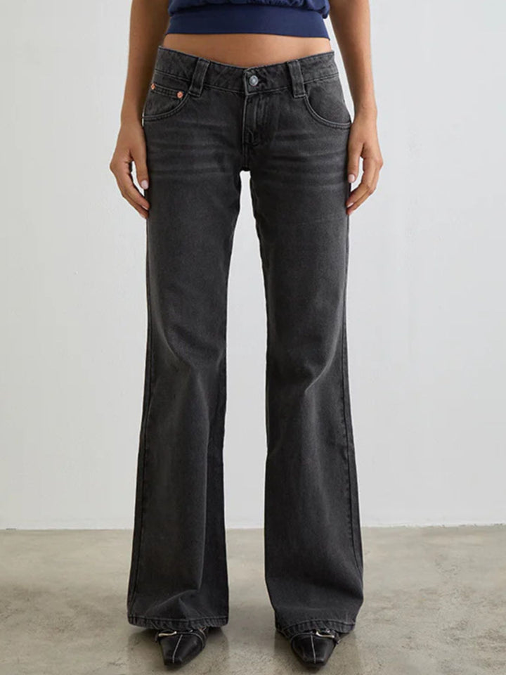 Low-rise washed denim flare leg jeans with 5-pocket styling