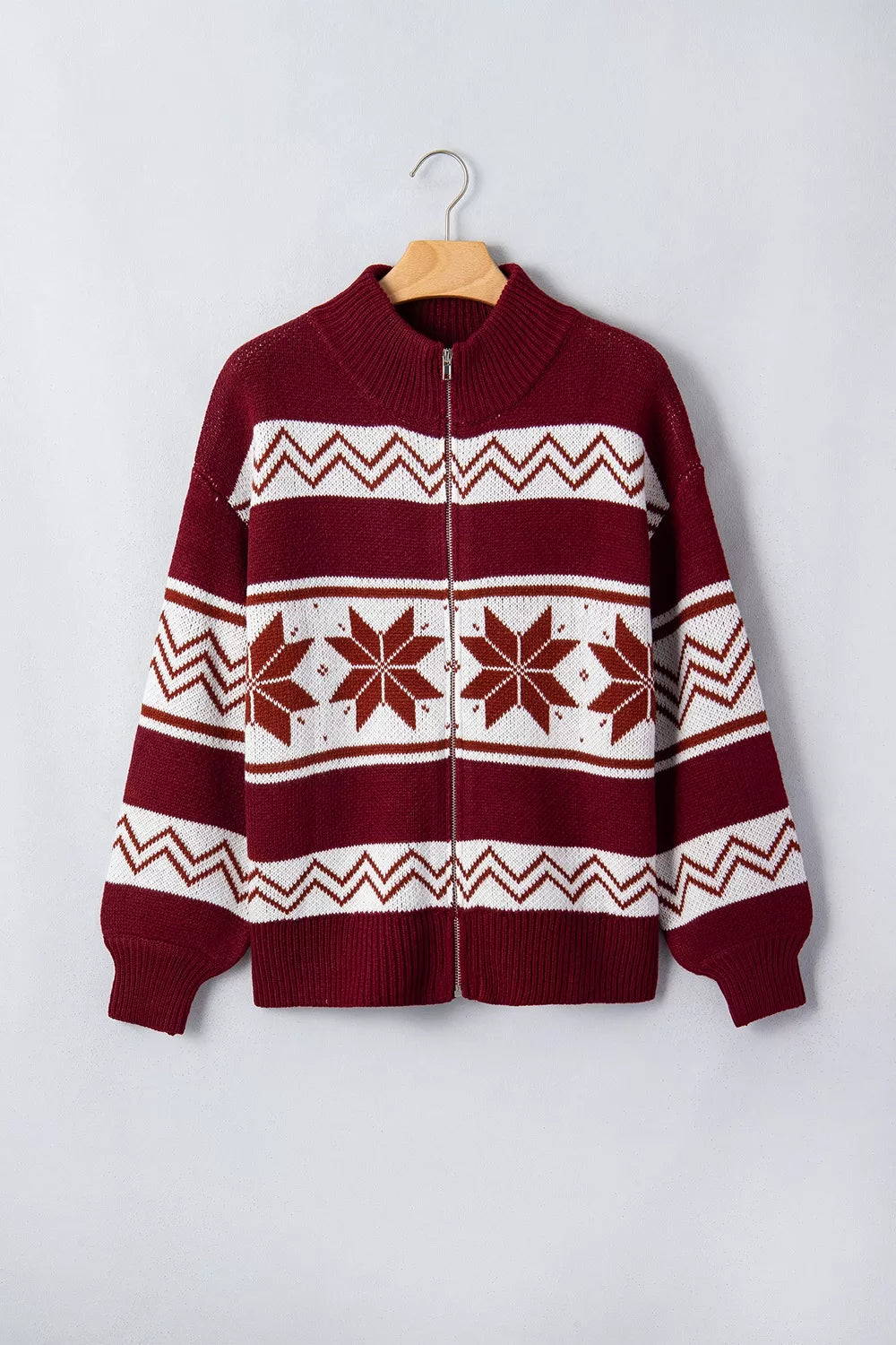 Snowflake Fair Isle zip-up knit cardigan with mock neck