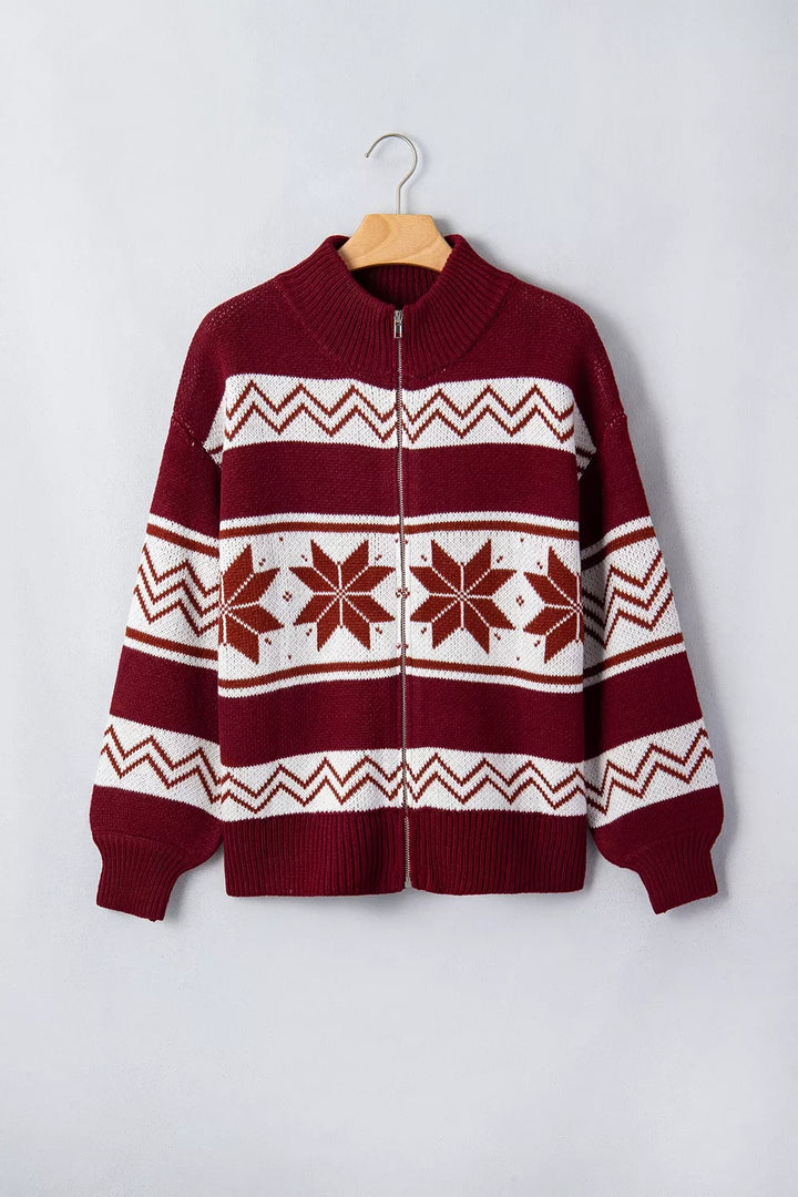 Snowflake Fair Isle zip-up knit cardigan with mock neck
