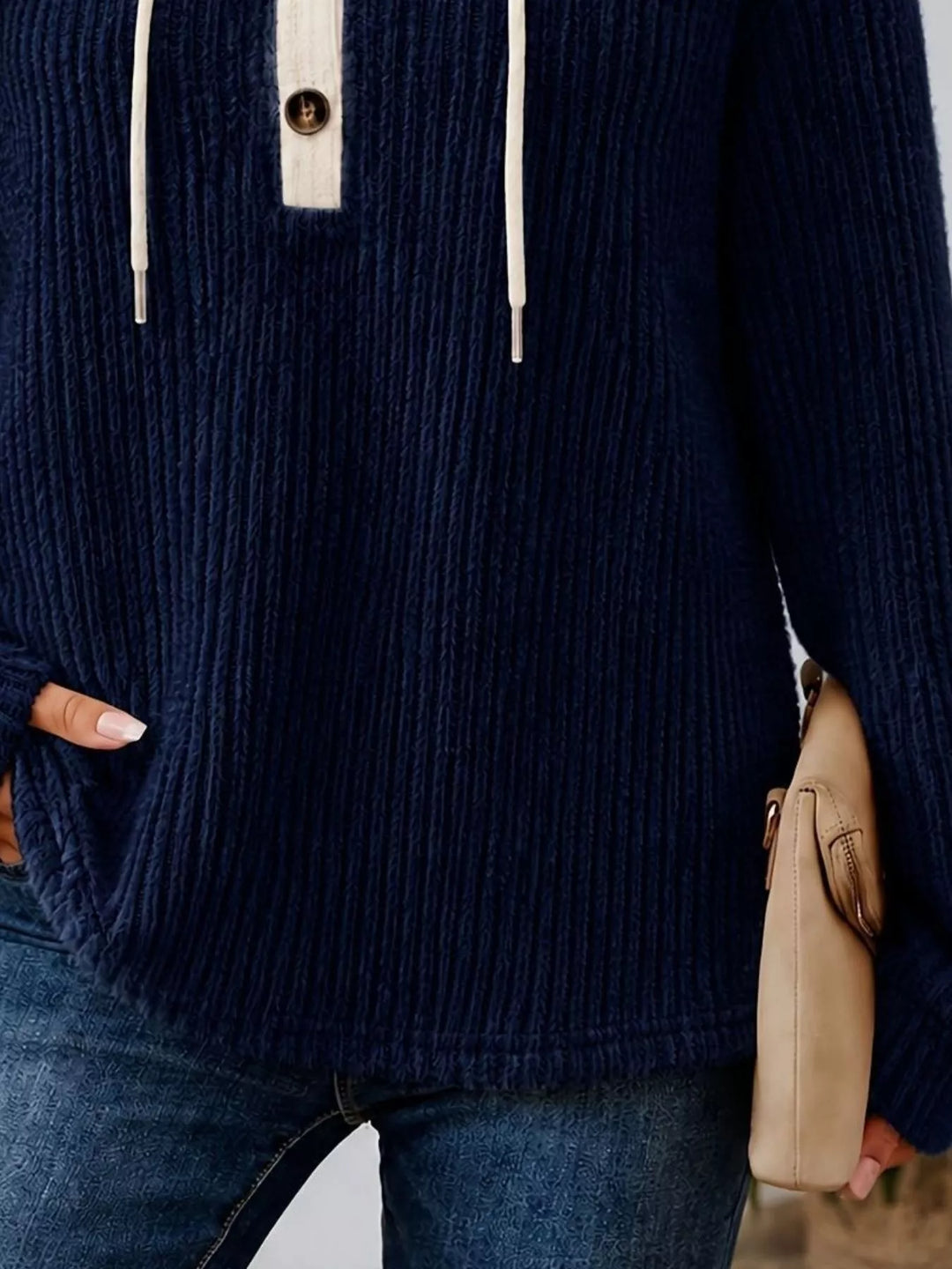 Ribbed knit drawstring hoodie with button henley placket