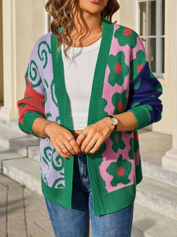 Green Floral colorblock open-front knit cardigan