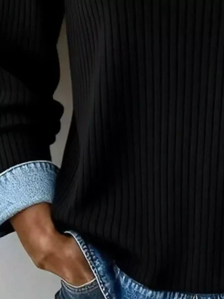 Ribbed knit top with denim collar and layered hem