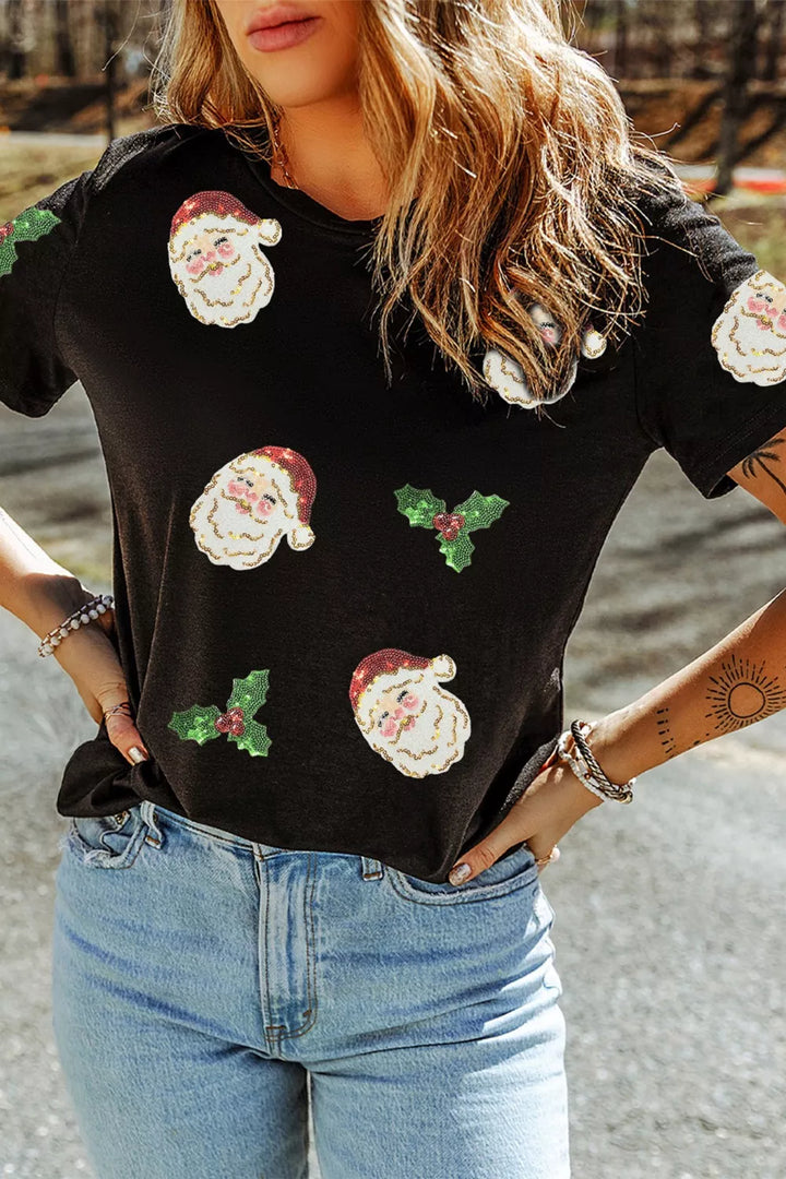 Sequin Santa and holly Christmas graphic tee