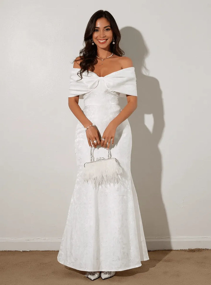 White Bow off-shoulder textured jacquard maxi dress
