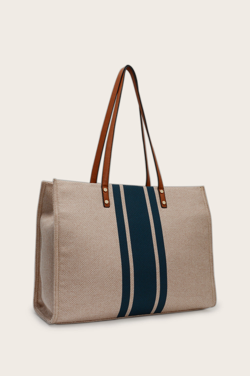 Striped woven canvas tote bag with faux leather straps