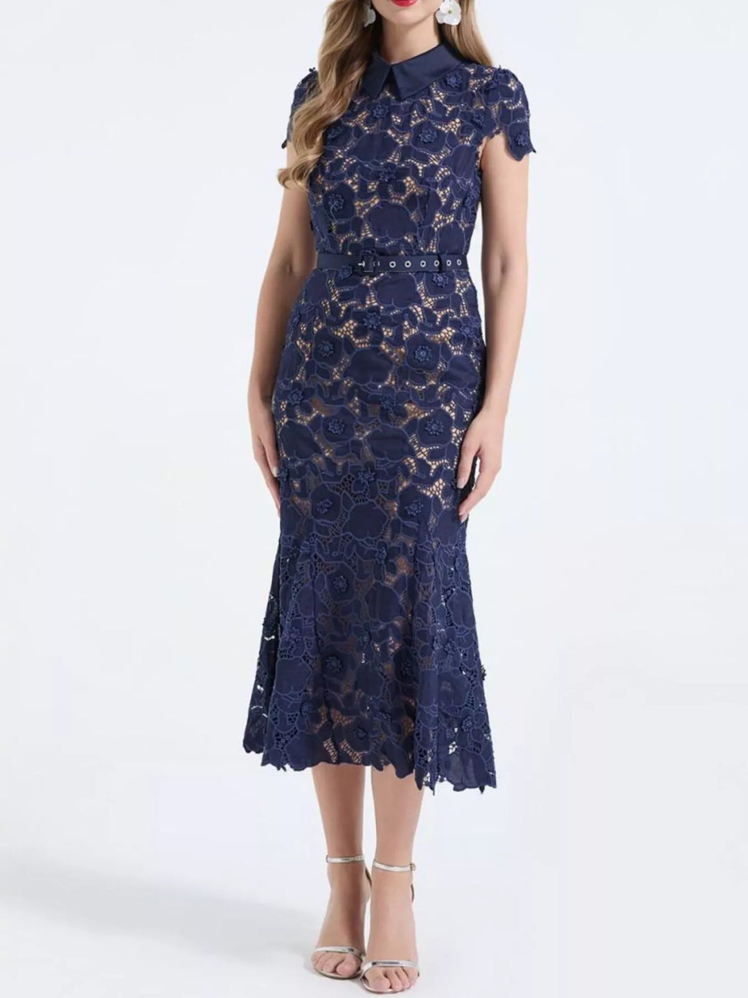 Floral lace midi dress with collar and belted waist