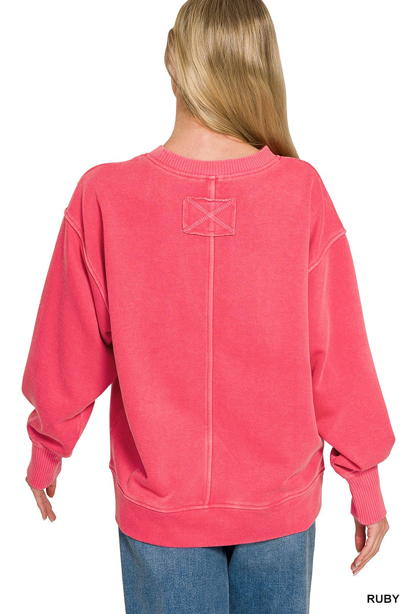 Pigment-dyed exposed-seam fleece crew neck sweatshirt