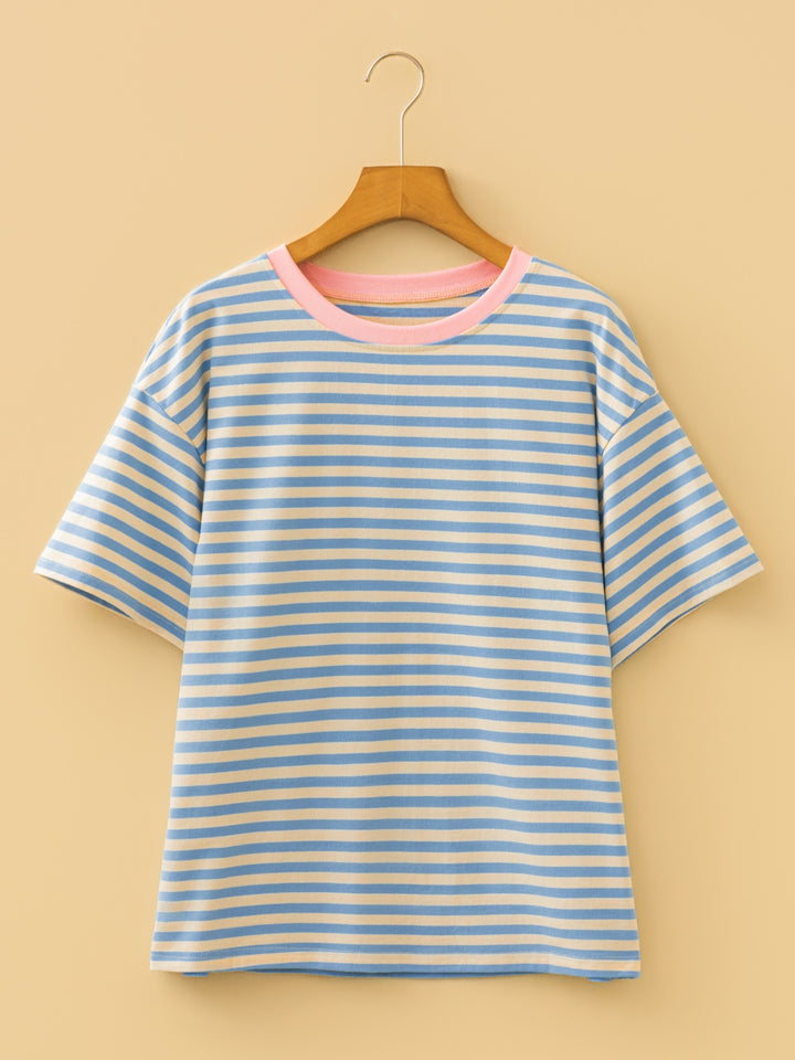 Striped oversized drop-shoulder crew neck t-shirt
