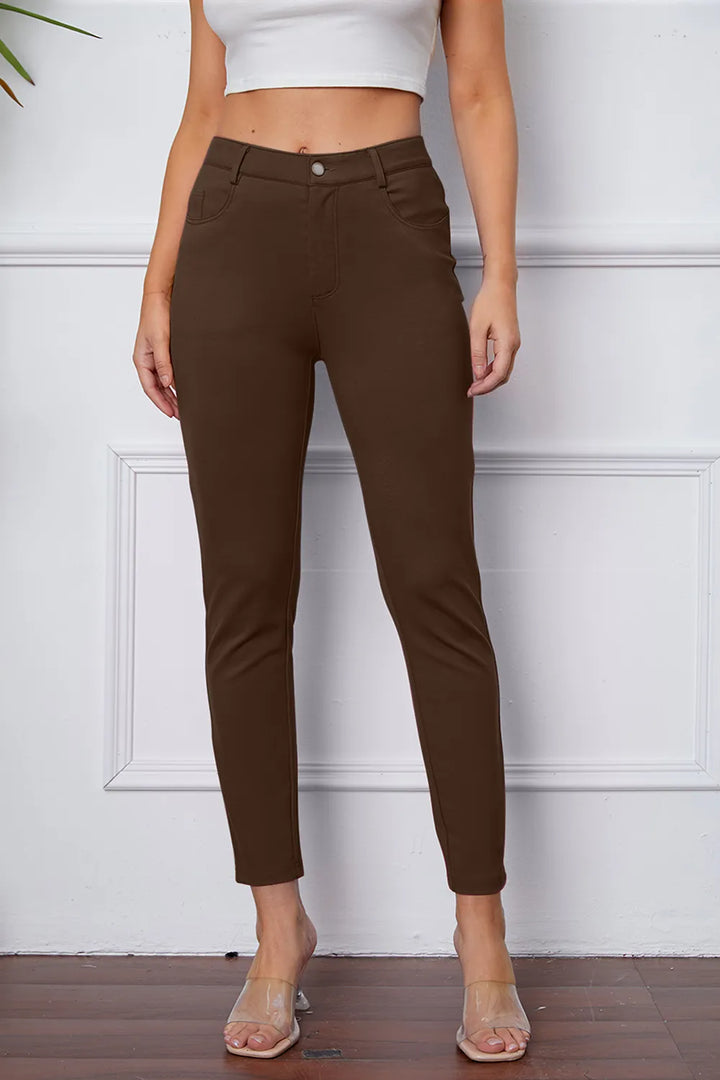 Mocha Slim-fit stretch ankle pants with five-pocket styling