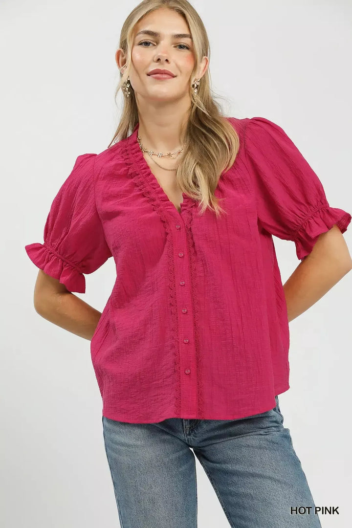 HOT PINK Textured puff sleeve button-front top with crochet lace trim