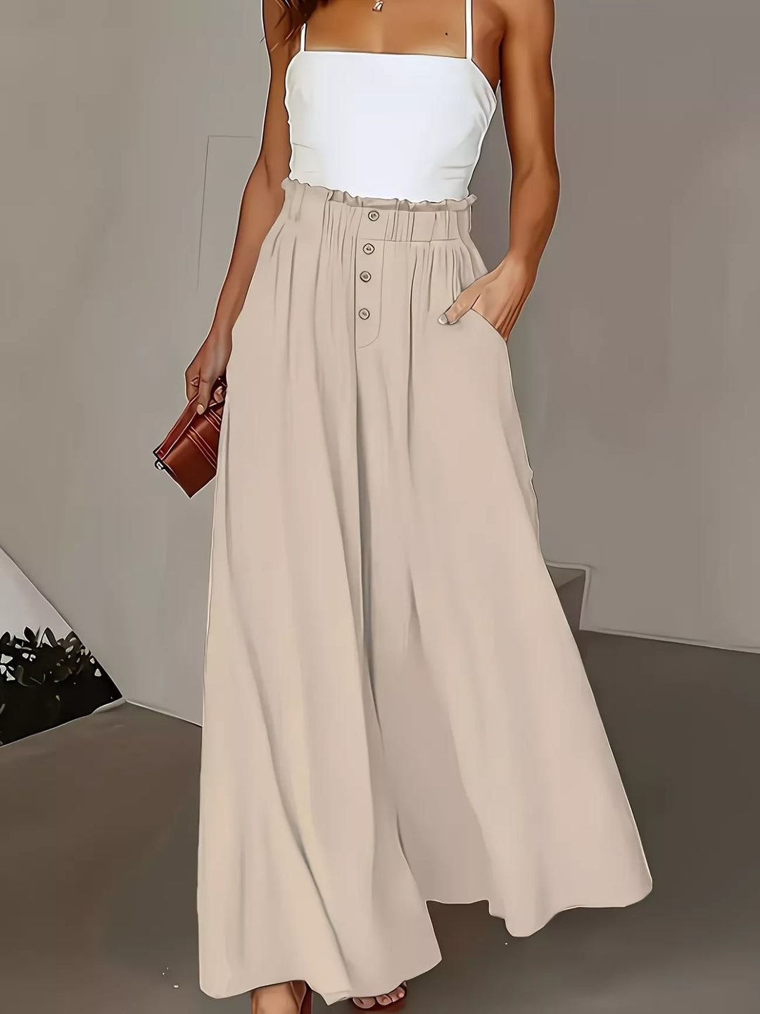 Beige High-rise paper bag wide-leg pants with button front
