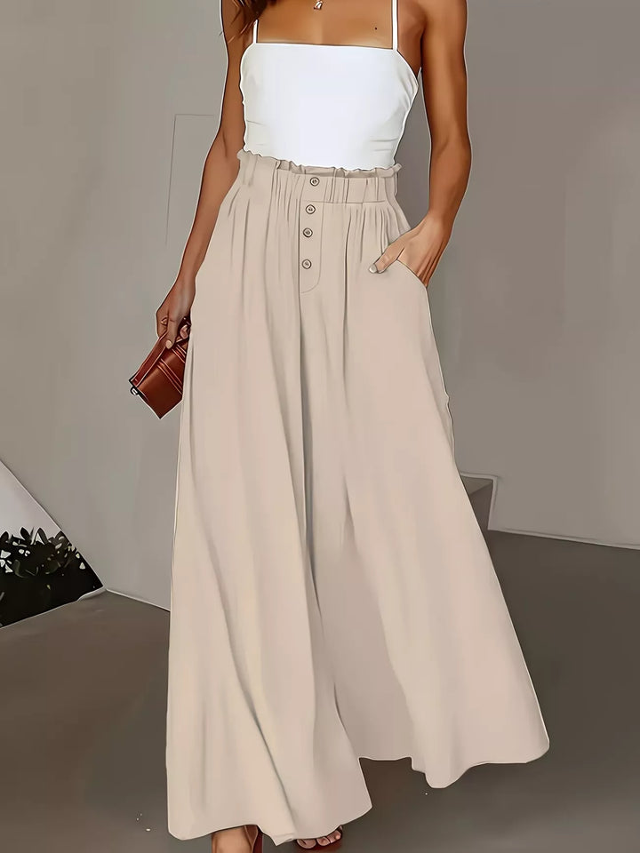 Beige High-rise paper bag wide-leg pants with button front