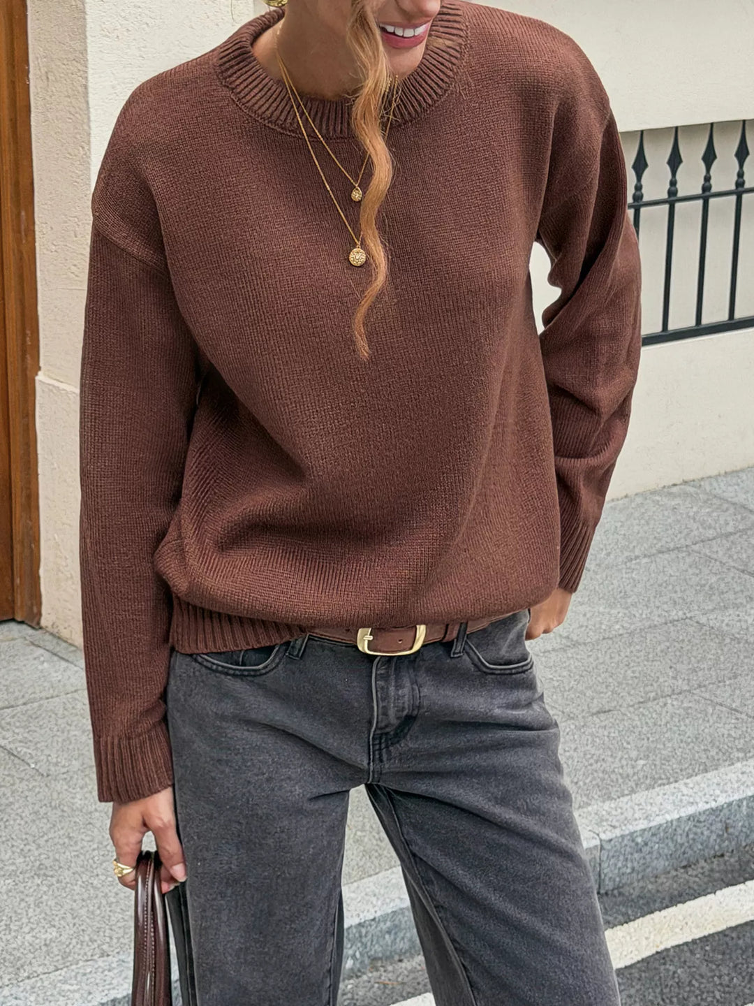 Brown Ribbed trim crew neck drop shoulder pullover sweater